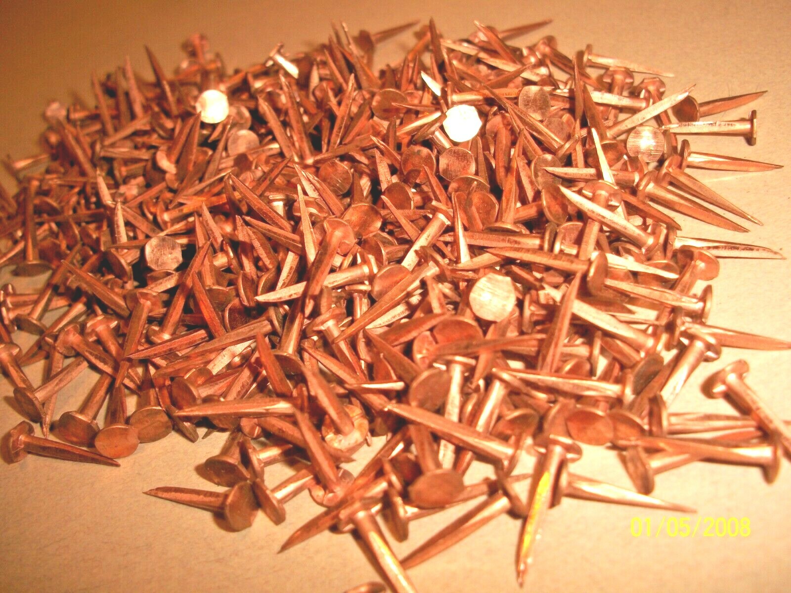 100 VINTAGE 5/8” LONG SOLID COPPER TACKS sharp point's 1/4” WIDE flat head N.O.S