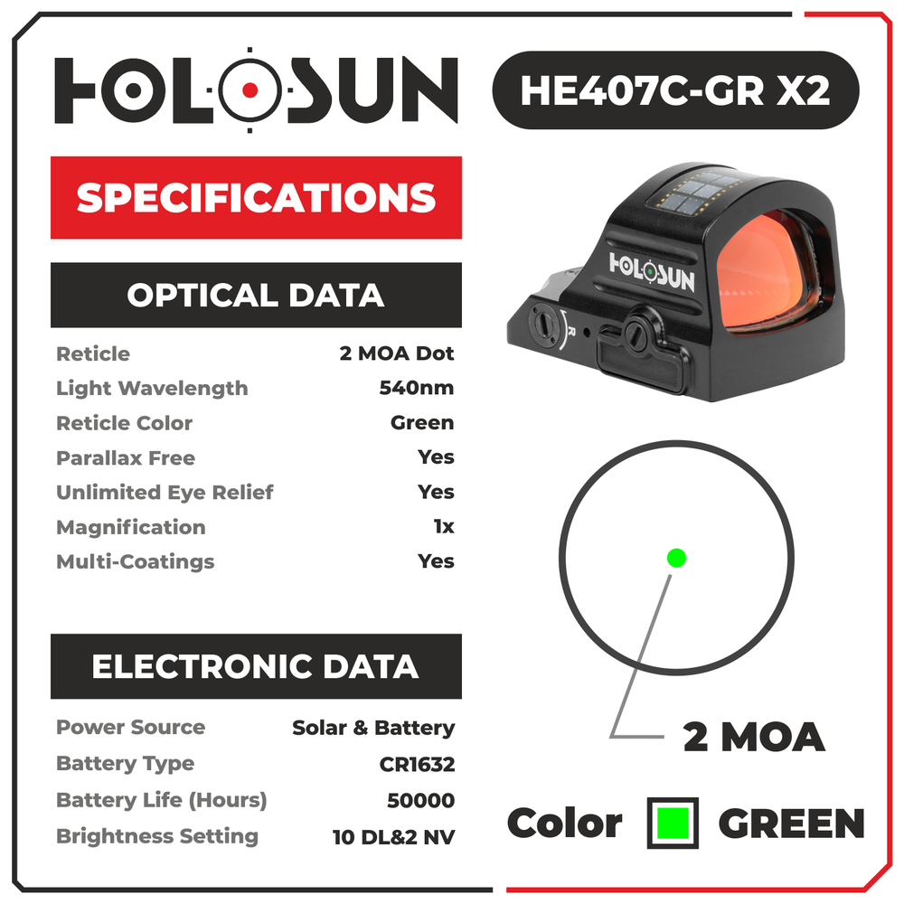 Holosun HE407C-GR X2 2 MOA Green Dot Sight
