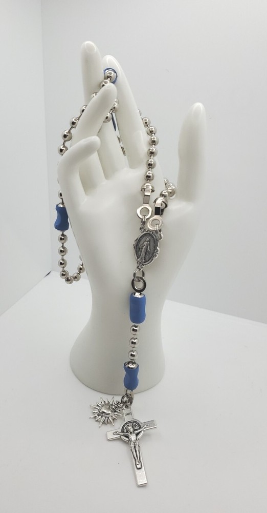 Catholic Rosary Handmade Unbreakable Steel Beaded Rosary With Sacred Heart-Blue