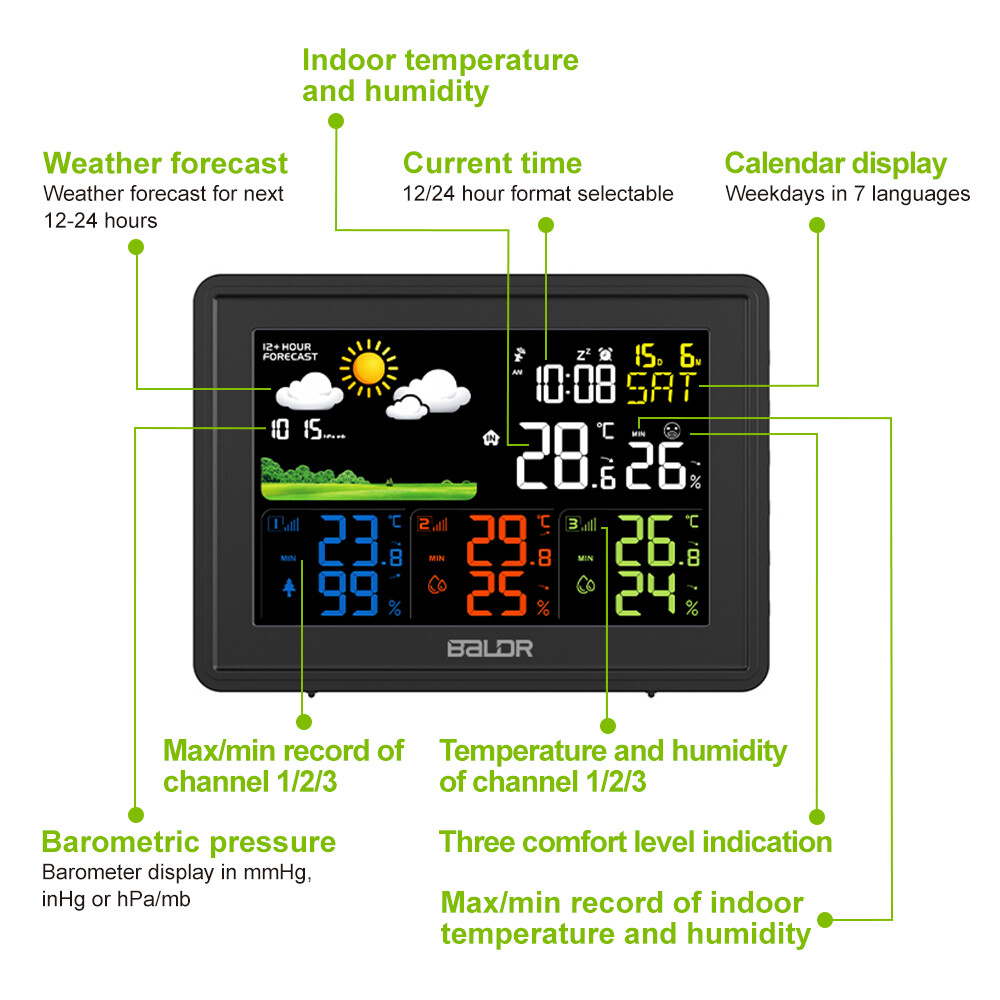 BALDR Digital Wireless Weather Station Indoor Outdoor 3 Thermo Hygrometer Sensor