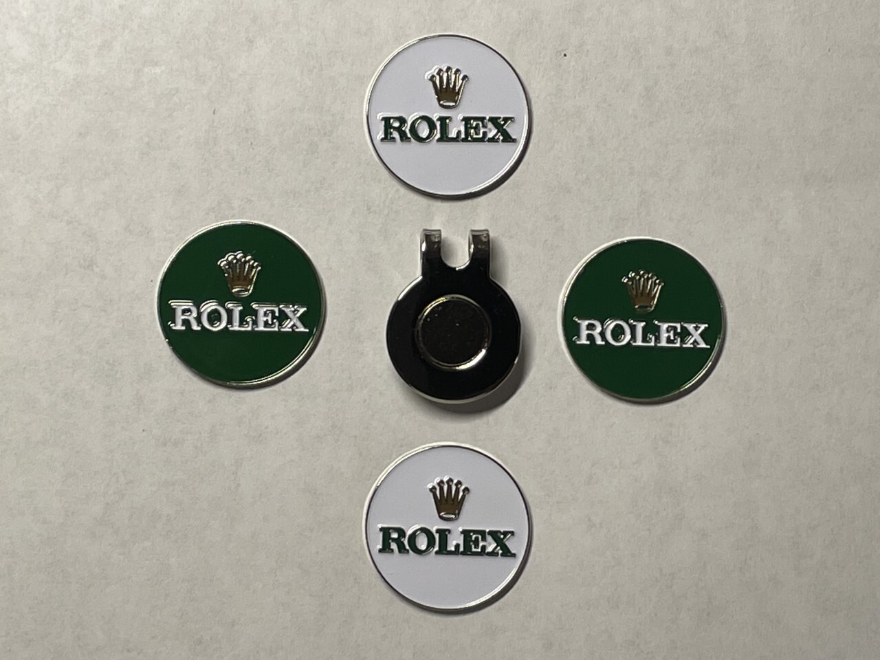 (4) Rare ROLEX 1" Flat Coin Style Golf Markers With BONUS Hat Clip - A Beauty!