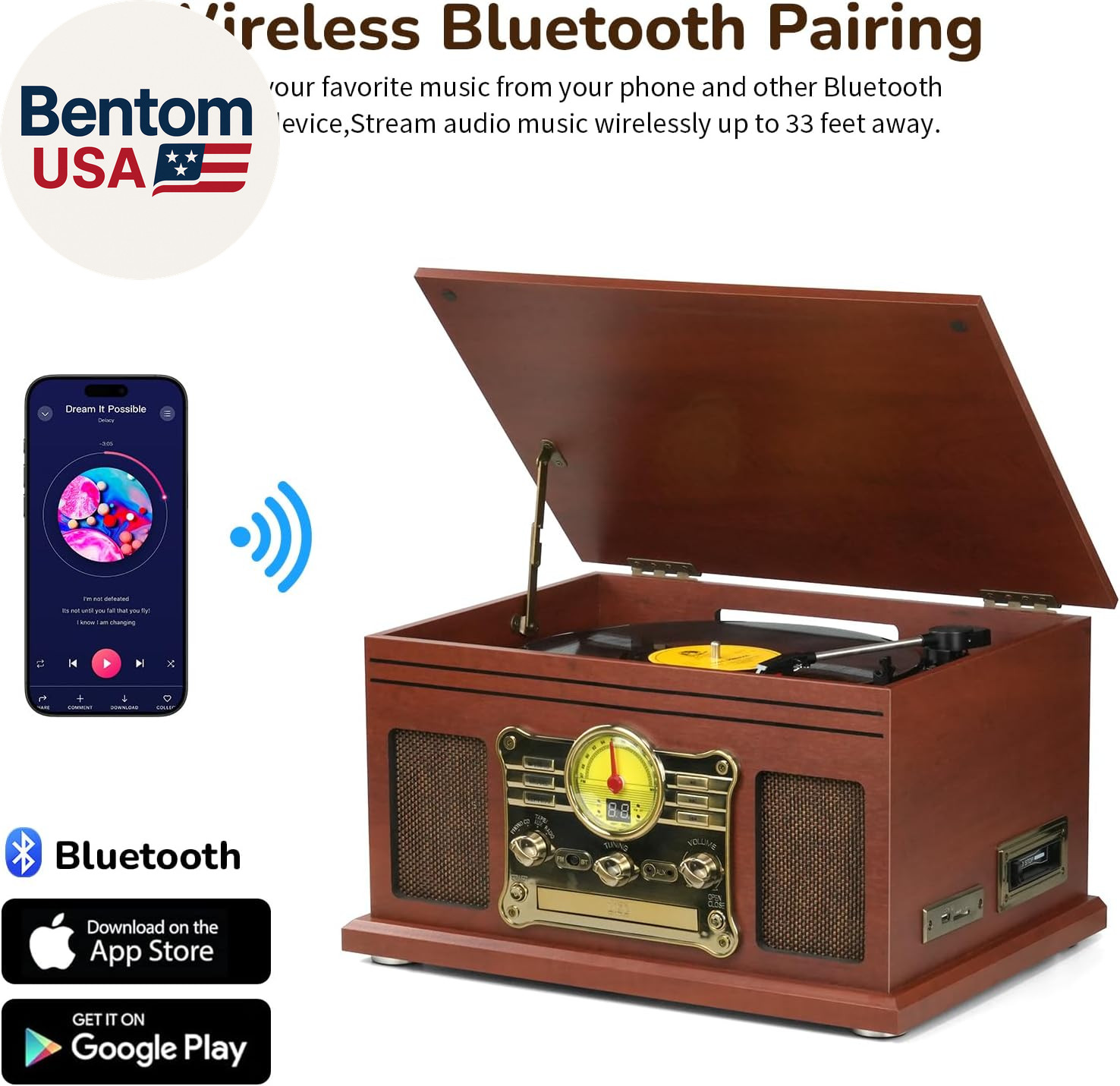 Bluetooth Record Player 10 in 1, 3-Speed Turntable for Vinyl with Speakers, LP t