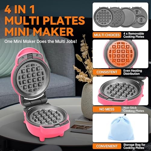 4 in 1 Waffle Maker Set: Mini Doughnut & Waffle Maker, Multi Mini Maker (Red)