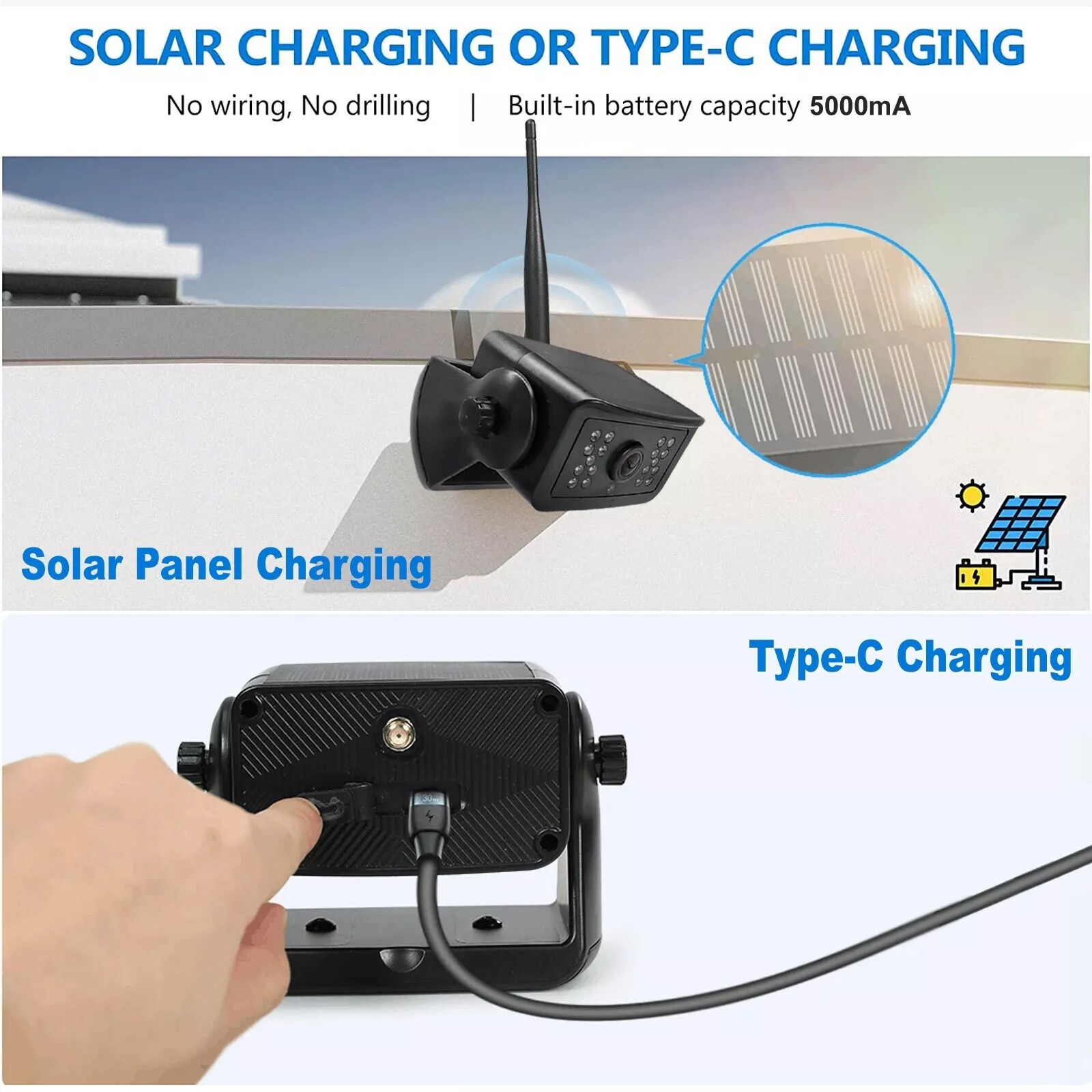 1080P Solar Magnetic Wireless RV Backup Camera 5" Car Monitor for Trailer Truck