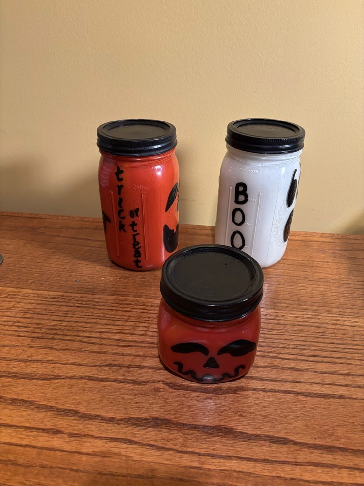 2 Pumpkins & 1 Ghost Painted Ball Jars
