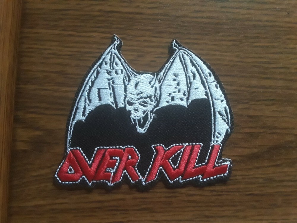 OVER KILL + LOGO,IRON ON WHITE AND RED EMBROIDERED PATCH