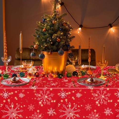 3 Pcs Tablecloth,Red Snowflake Rectangular Plastic Christmas Snowflake