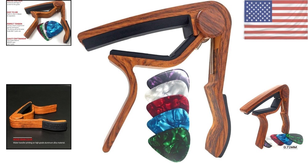 Rosewood Guitar Capo with 5 Picks - Versatile for All String Instruments