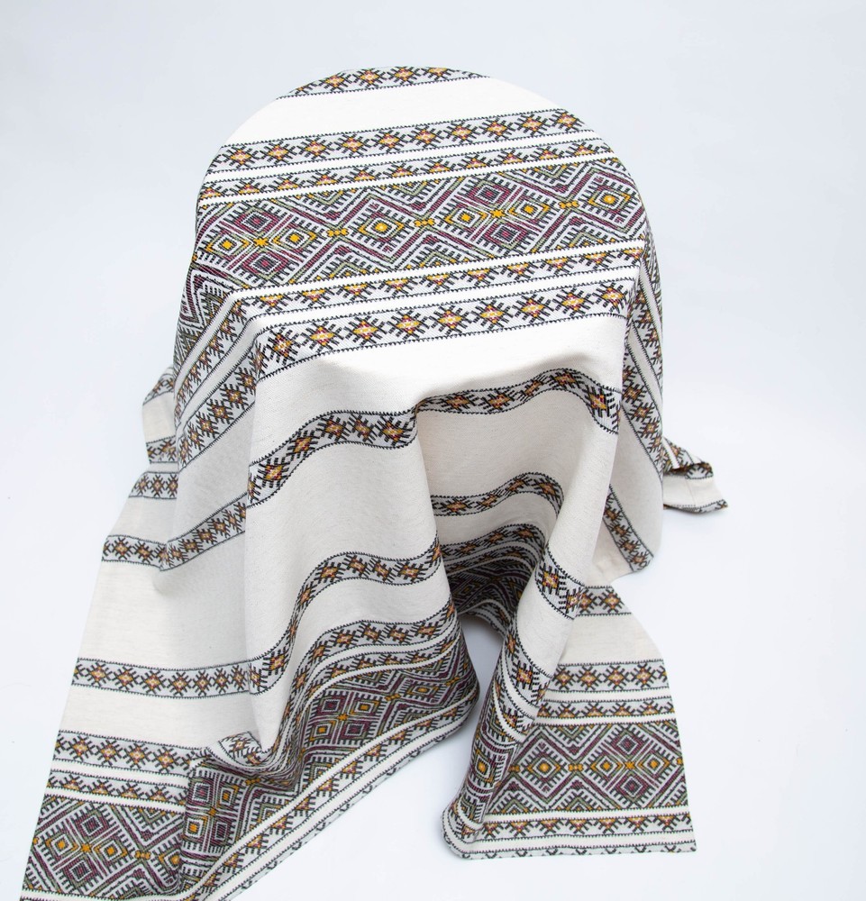 Ukrainian Decorative woven Tablecloth Beige Red Green Rustic Hutsul pattern