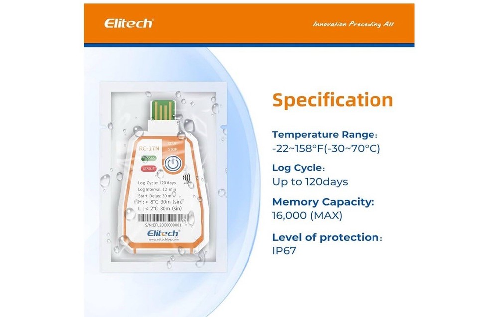 Elitech RC-17N USB PDF Temperature tracker Data Logger-22-158℉ Disposable 20pack