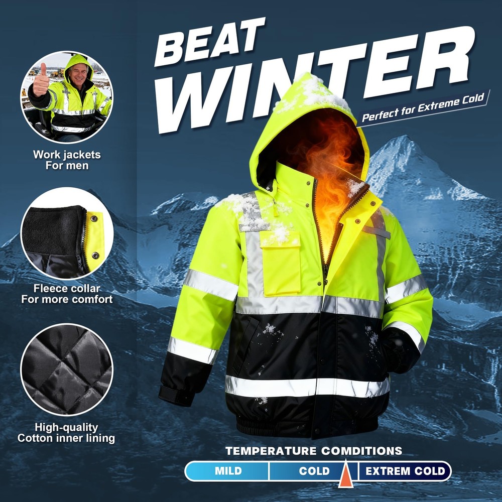 Safety Jacket for Men, Waterproof High Visibility Reflective Construction Bom...