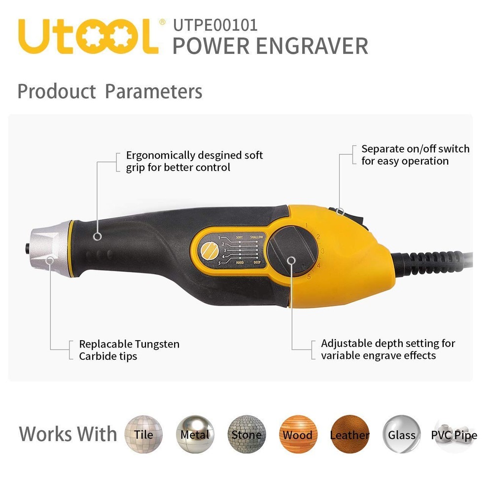 UTOOL Engraver Pen with Letter/Number Stencil, 1 + 4 Bits + 1 Stencils