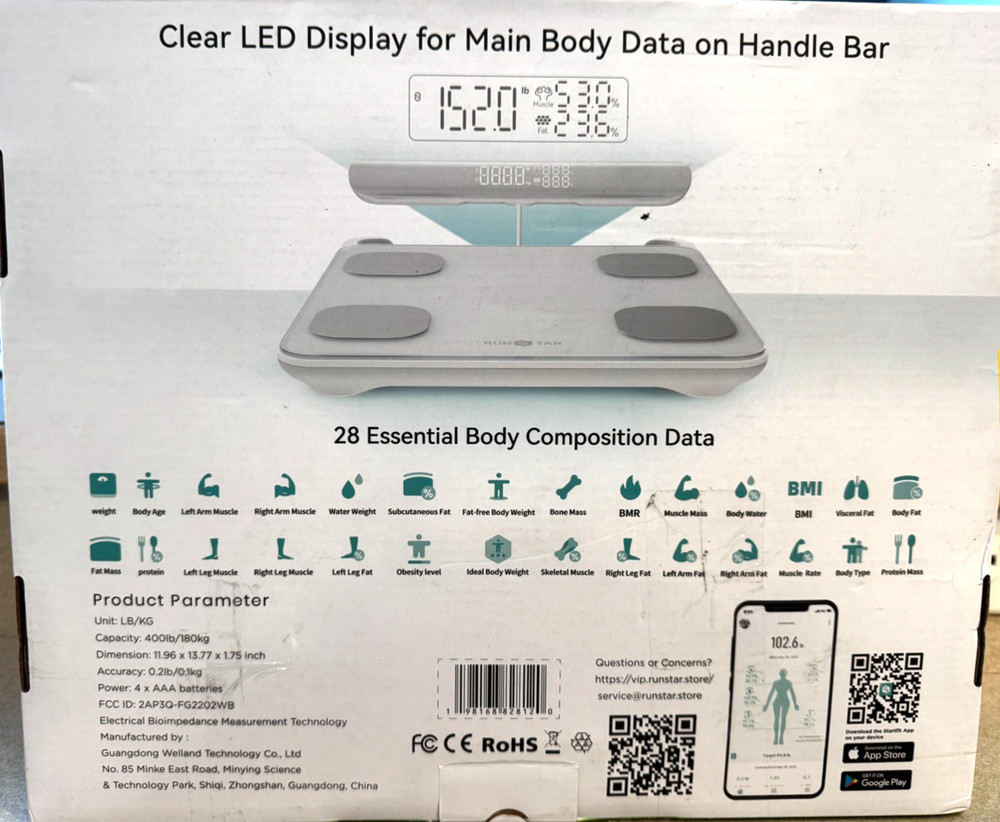 New! RunStar Advanced Body Comp Smart Scale, Full Body Scan 28 Components