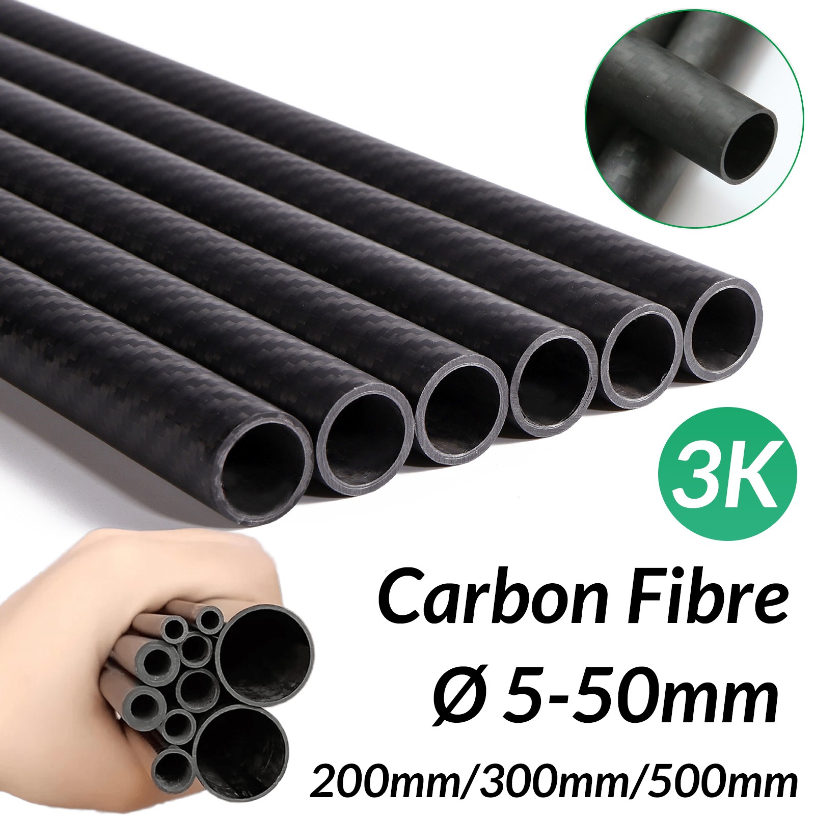 3K Carbon Fiber Tube Gloss Twill 200/300/500 mm OD 5‑50 mm Roll Wrapped