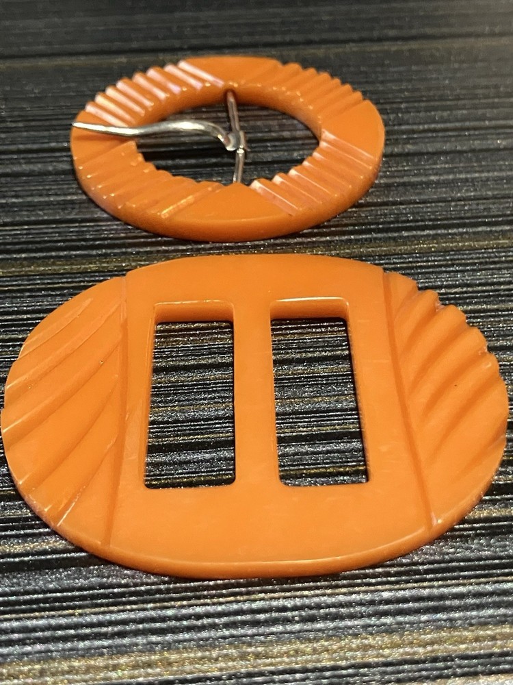 art deco bakelite butterscotch carved buckles