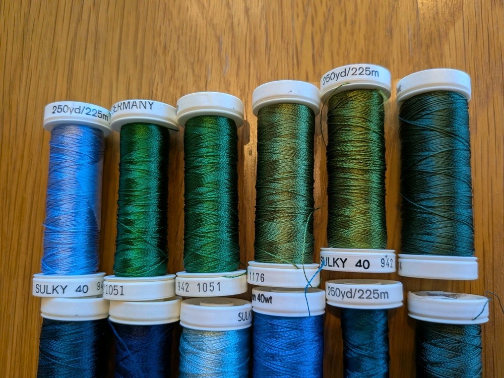 Sulky Thread 40 Wt Rayon Blues & Greens -- 12 Partial Spools lot
