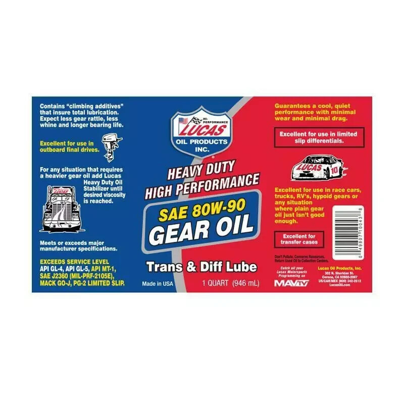 2x Lucas Oil 10043 SAE 80W-90 Heavy Duty Gear Oil Trans Diff Lube 1 Quart 2-Pack