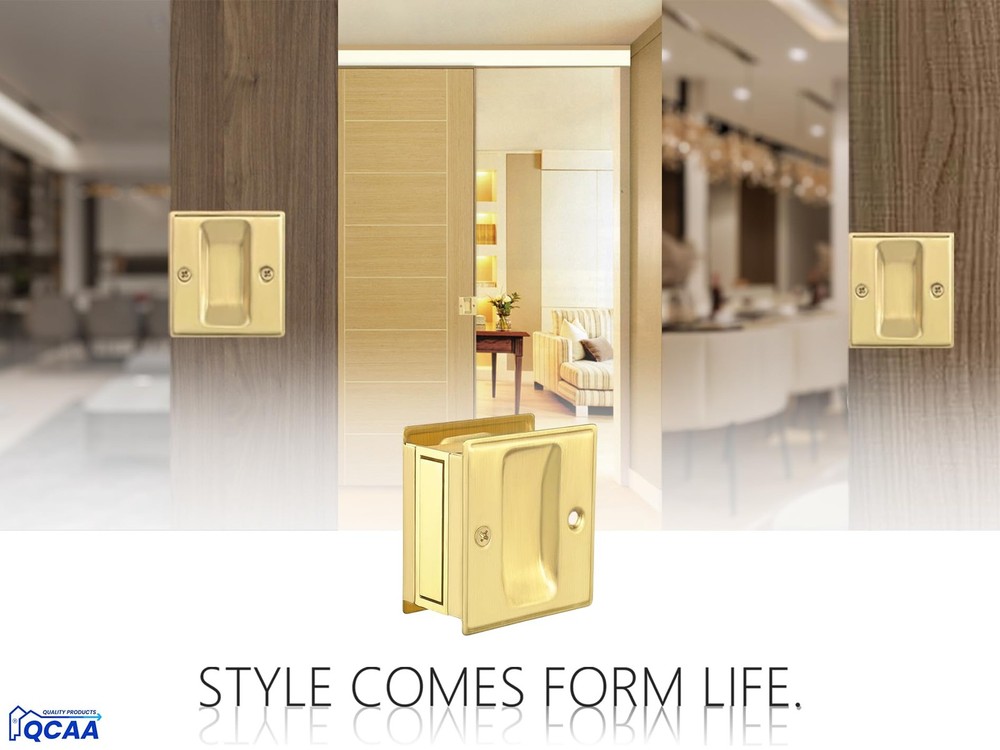 QCAA Solid Brass Sliding Door Pull Passage Door Pocket Polished Brass 4 Pack Mad