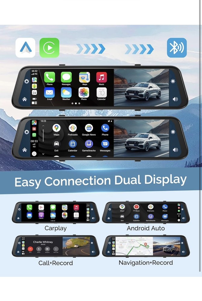 4K Rear View Mirror Camera with Carplay&Android Auto,12" Mirror Dash Cam Fron...