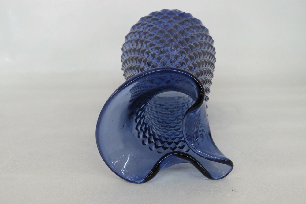 Diamond Point Pattern Blue Glass Pitcher Decanter Formed Spout Vase 2029B