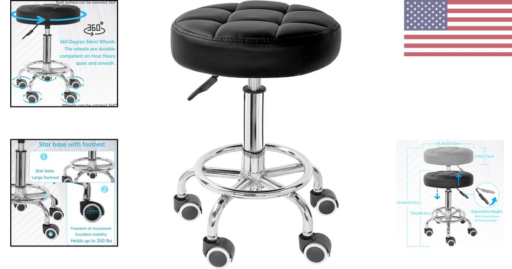 PU Leather Rolling Stool - Height Adjustable Swivel Stool with Foot Rest - Black