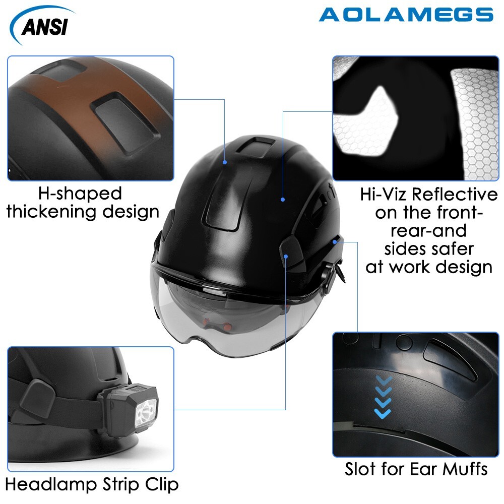 Construction Safety Helmet With Visor Built In Goggle ABS Hard Hat Work Cap ANSI