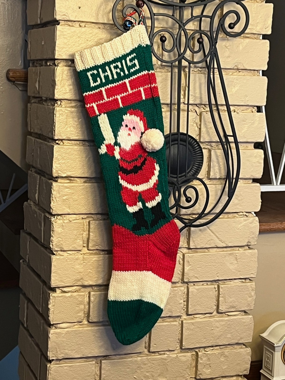 Vintage Hand KNIT - Christmas STOCKING Santa, Chimney , bells and pom pom