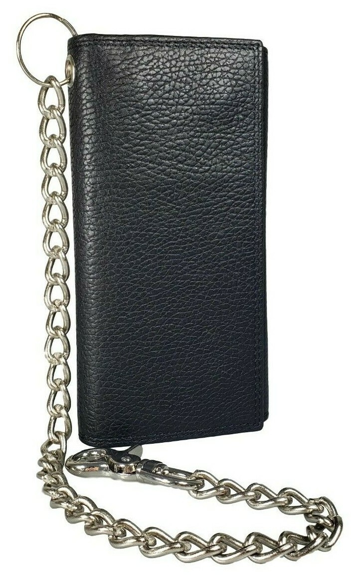 Black Leather Trifold Chain Motorcycle Biker Trucker Long Wallet With Belt Hook