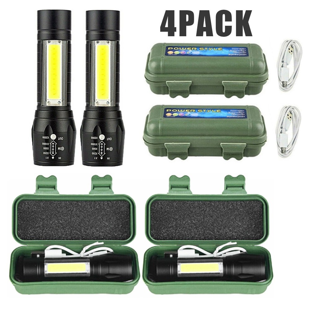 4Pcs Mini Super Bright 990000LM Small COB LED Flashlight Rechargeable Torch+Box