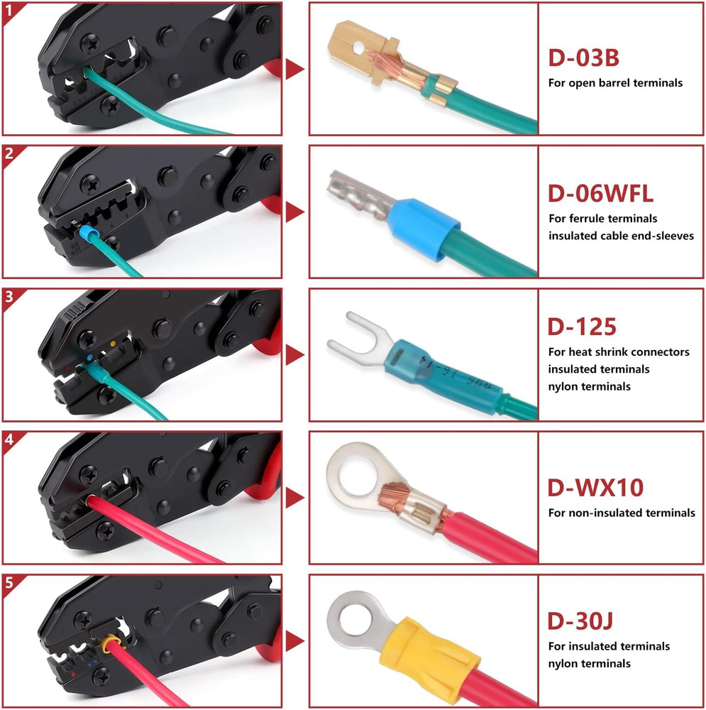 Ratcheting Crimping Tool Set, 6PCS Interchangeable Jaws Wire Crimper Tools with
