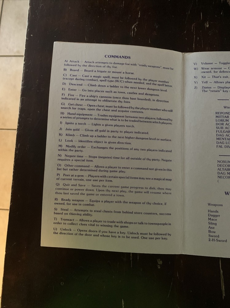 Ultima III Exodus Player Reference Card Only For Commodore 64