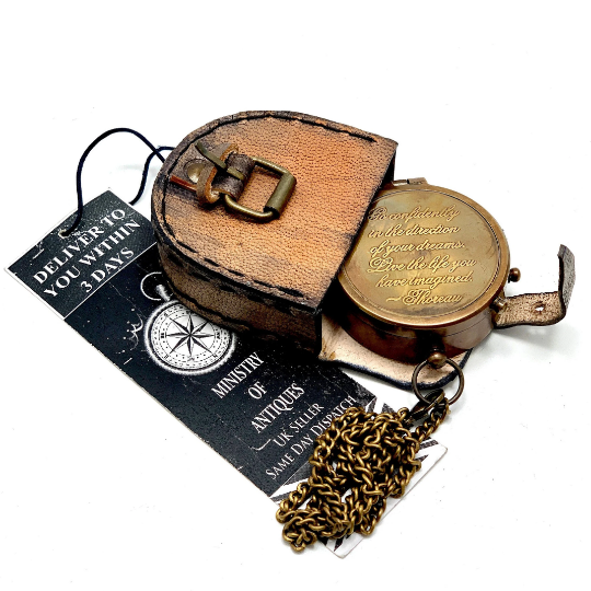 Engraved Pocket Compass & Key Chain Handmade Nautical Compass & Leather Pouch