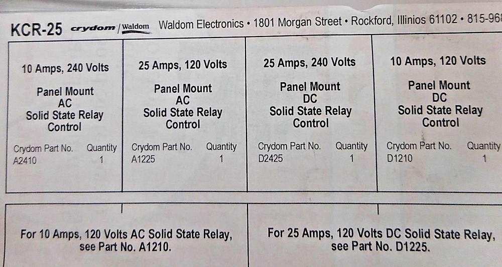 Crydom Panel Mount Solid State Relay Series 1 Controls Kit, Pn. KCR-25