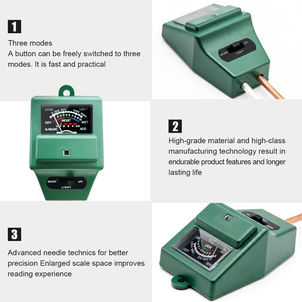 User-Friendly Soil pH Meter with Moisture & Light Testing – No Batteries Needed