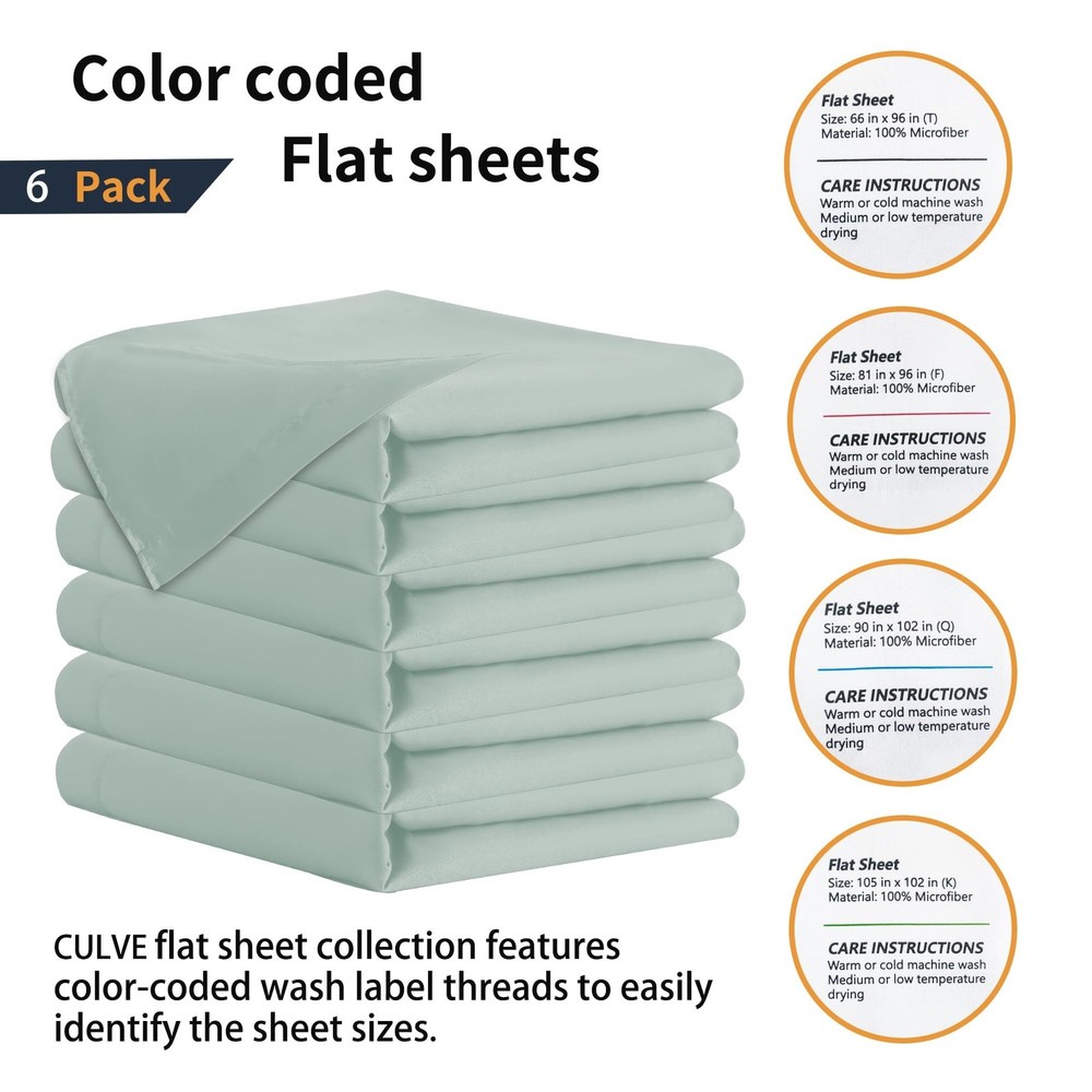 Bulk Full Flat Sheets Only, 6 Pack Quick Sort Top Bed Sheet, Color-Coded Labe...