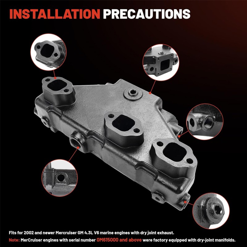 2PCS Exhaust Manifold Dry Joint Riser for Mercruiser GM 4.3 V6 2002-UP 864612T01