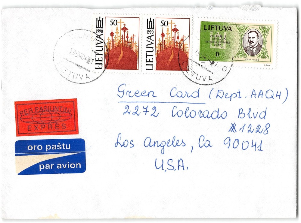 Lithuania to LA CA, stamps dated 1990