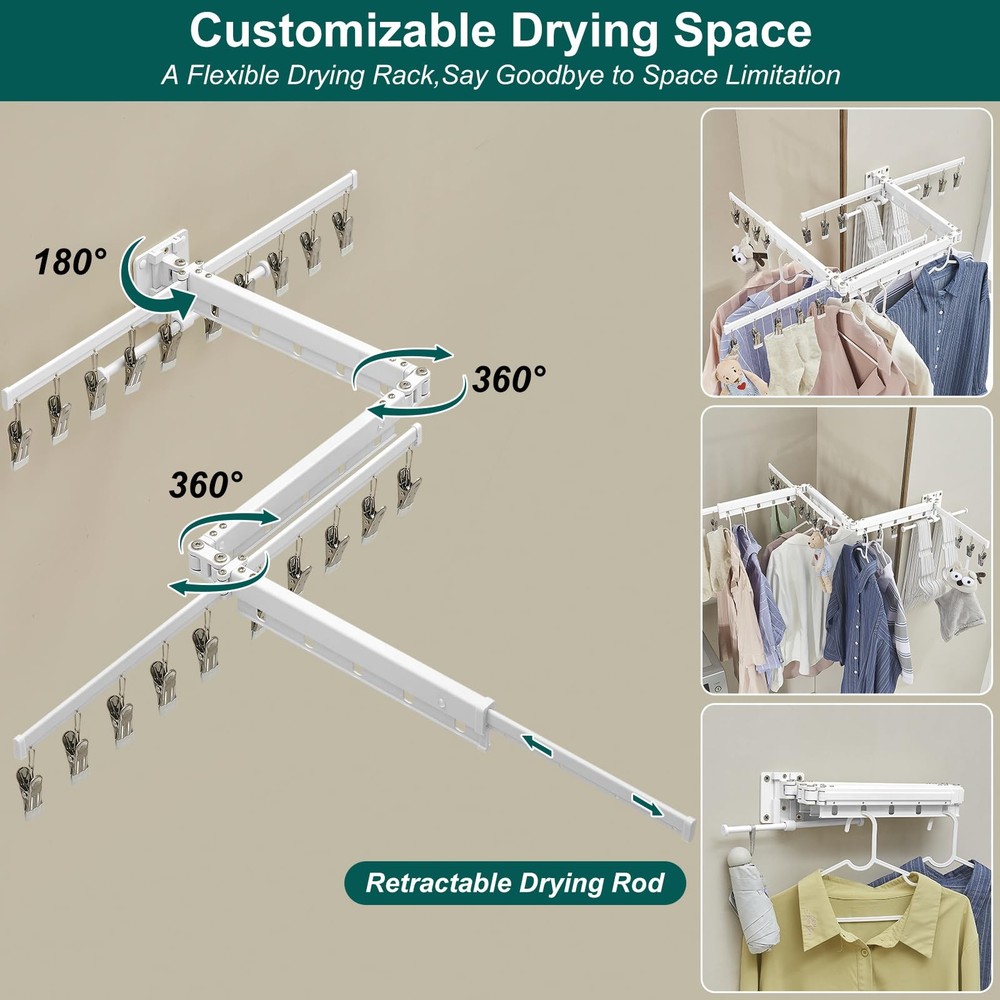 Clothes Drying Rack Retractable Wall Mounted, Tri-Fold Foldable Collapsible L...