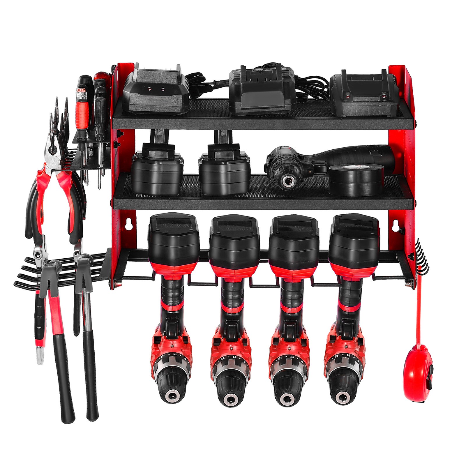 VEVOR Power Tool Organizer Wall Mount 3-Layer Drill Storage Rack 4 Drill Holders