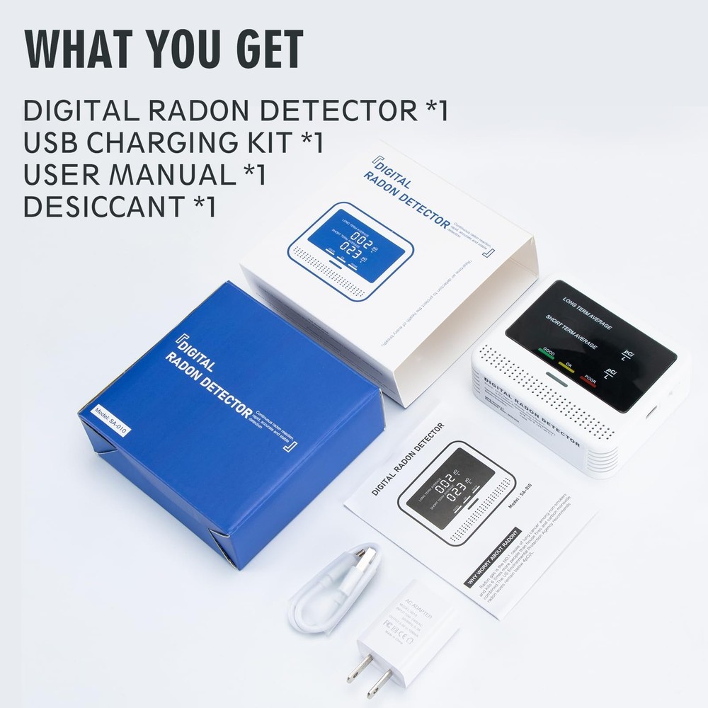 Digital Radon Detector - User-Friendly Desktop Device with HD LCD Display, 2-...