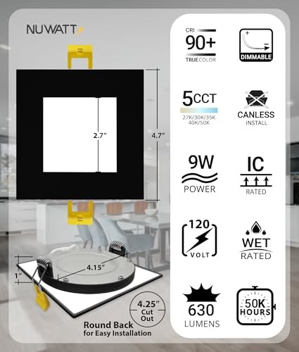 12 Pack 4 Inch Square Ultra-Thin LED Recessed Lighting, Selectable