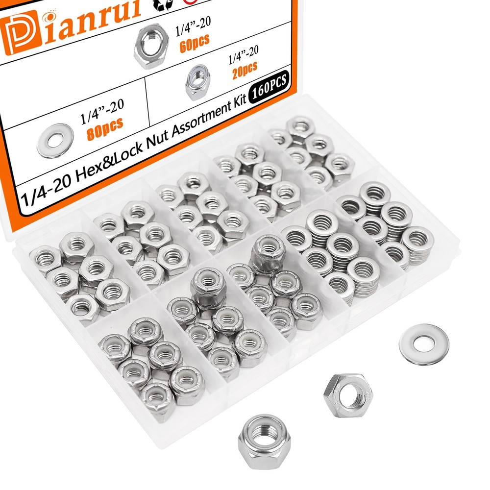 1/4"-20 Hex Nuts 160PCS SAE Hexnuts & Locknuts Assortment Kit with Flat Washe...