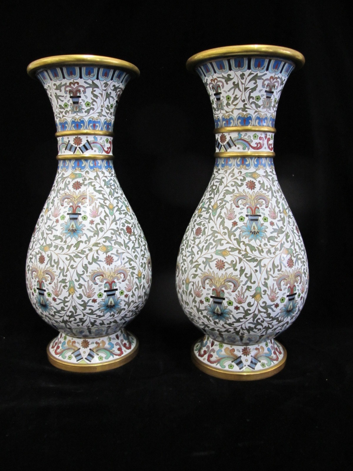 Large CHINESE White Enamel CLOISONNE Colorful FLOWER Vase Pair