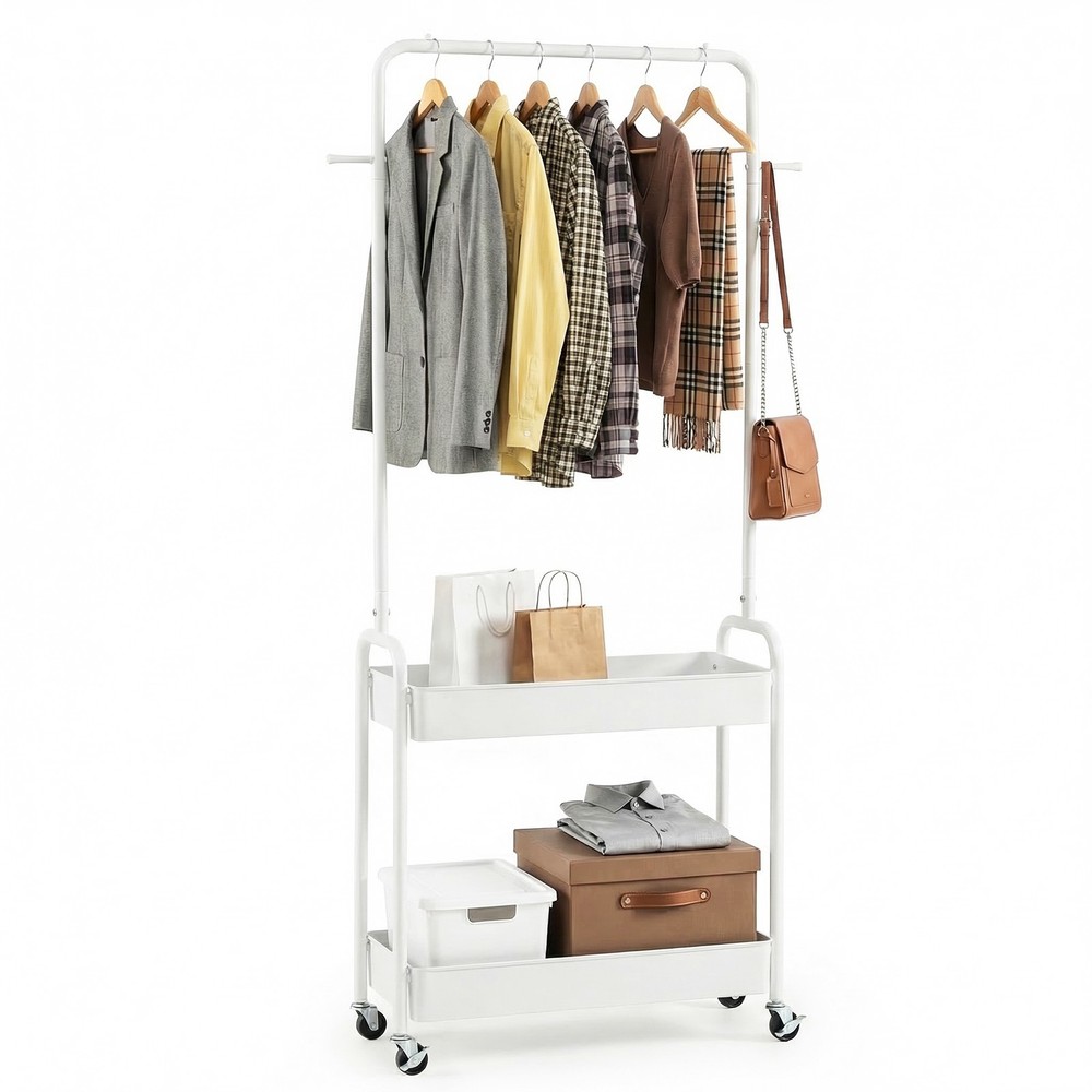 Rolling Clothes Rack w/Hanging Rod, Side Hooks, Storage Baskets, Lockable Wheels