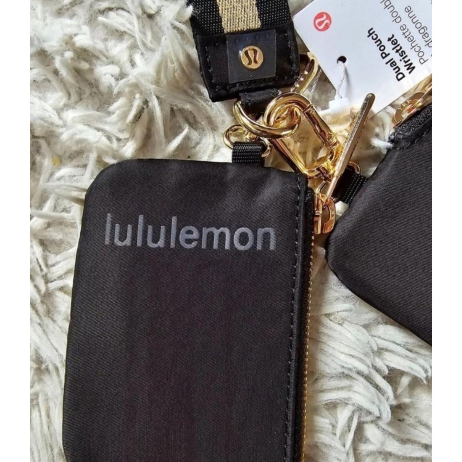 Lululemon Dual Pouch Wristlet Wallet Accessory Keychain Bag Black Grey and Gold