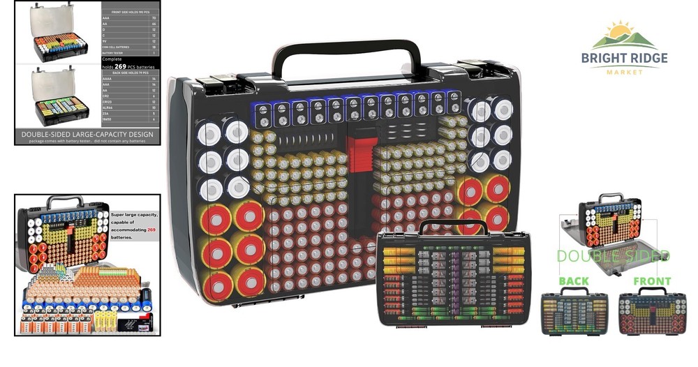 Battery Organizer Box with Tester for 269 Batteries, Grey Storage Solution