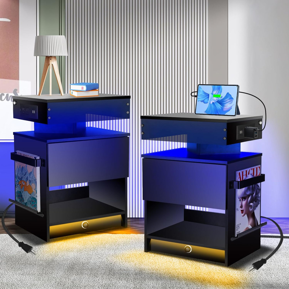 Nightstand with Induction Light & Side Charging Station, Modern Bedside Table wi