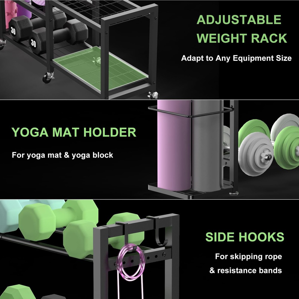 6-Tier Multi-Functional Home Gym Storage Rack with Wheels and Hooks, Adjustable