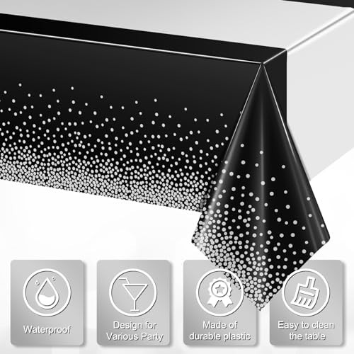 3Pcs Black and Silver Tablecloth Party Decorations,Plastic 3 Pack Black Silver