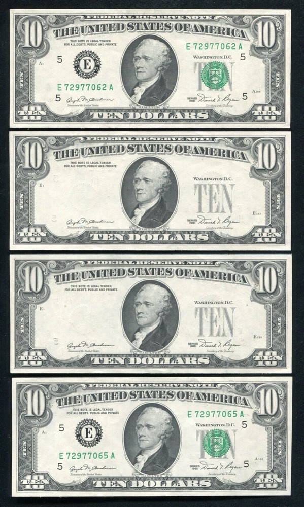 (4) CONSECUTIVE 1981 $10 FRN’S “OVERPRINT ON BACK ERRORS” GEM UNCIRCULATED